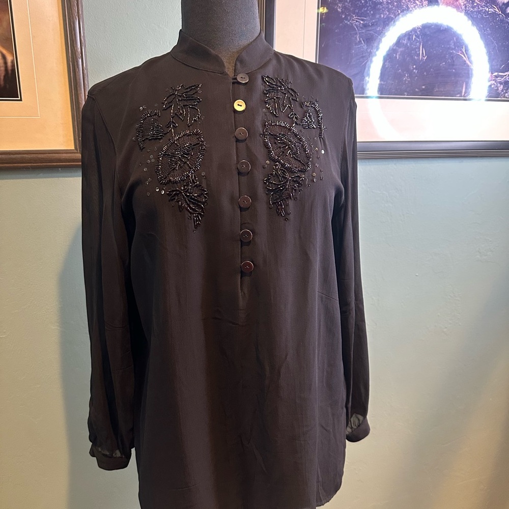 Carole Little - Black Semi Sheer Floral Embellishment Button Front Blouse SZ 8P